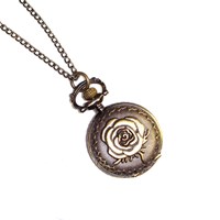 Antique Style Rose Design Mini Pocket Watch Necklace