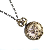 Antique Style Butterfly Design Mini Pocket Watch Necklace As Seen On Mollie King